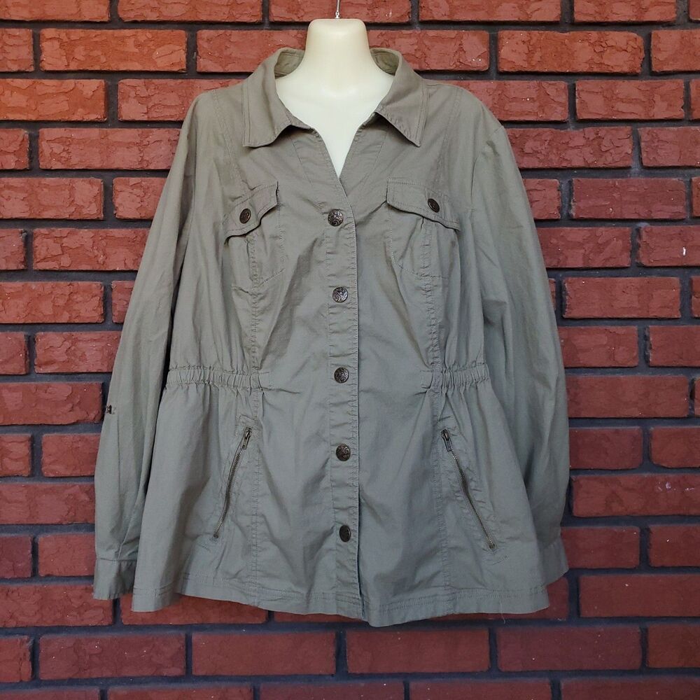 Dressbarn Woman Utility Jacket Size 18 / 20 Green Snap Front Roll Tab Sleeve